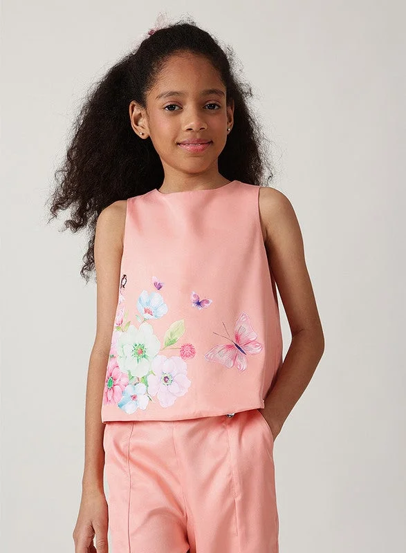 One Friday One Friday Girls Peach A-Line Sleeveless Printed Tops